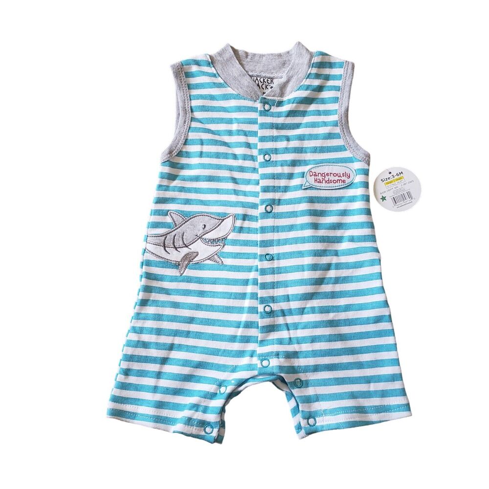 Quacker Jack Blue White Striped Snap Front Shorts Romper with Shark Applique NWT